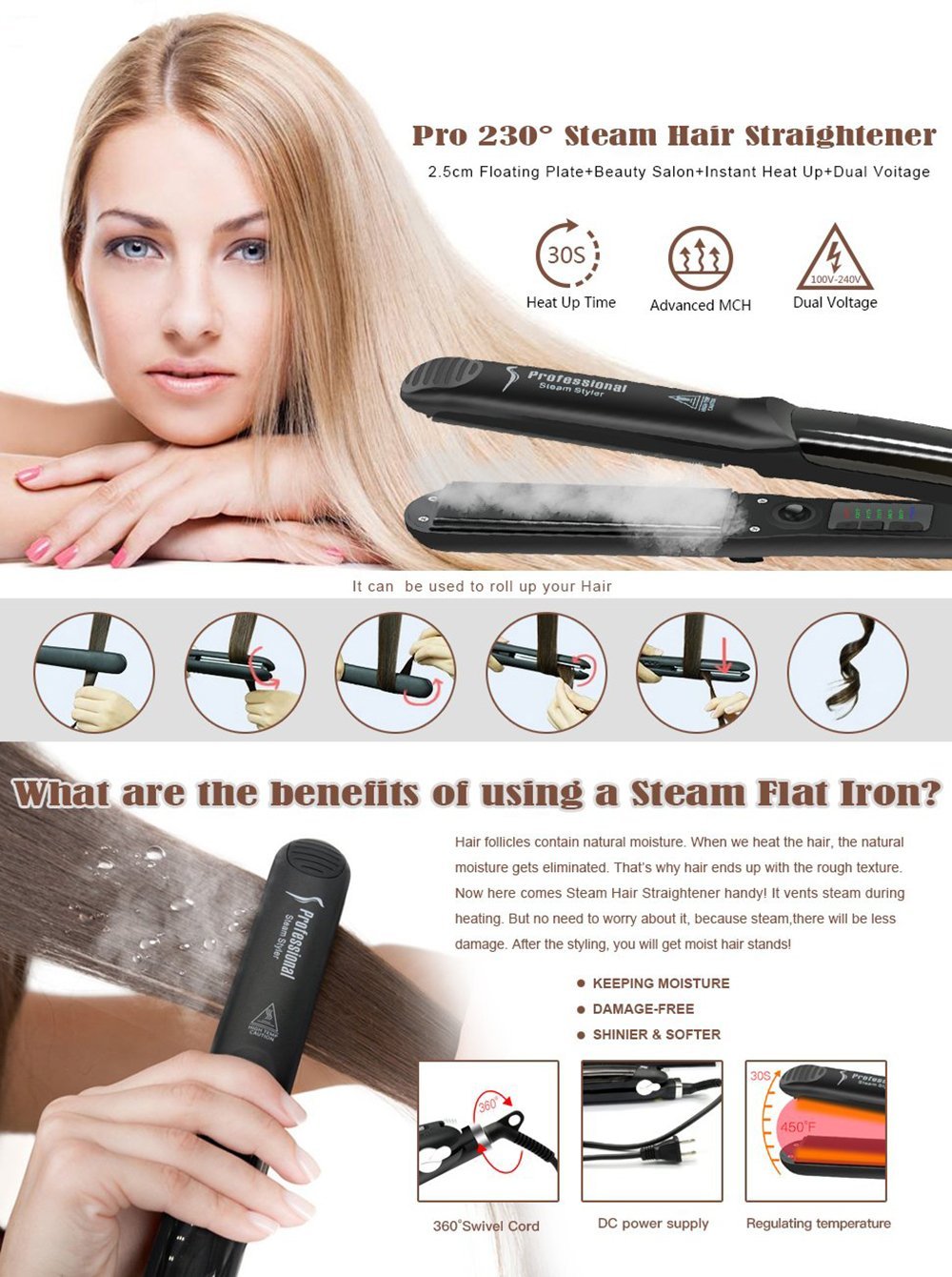 Professional 2 In 1 Steam Hair Straightener